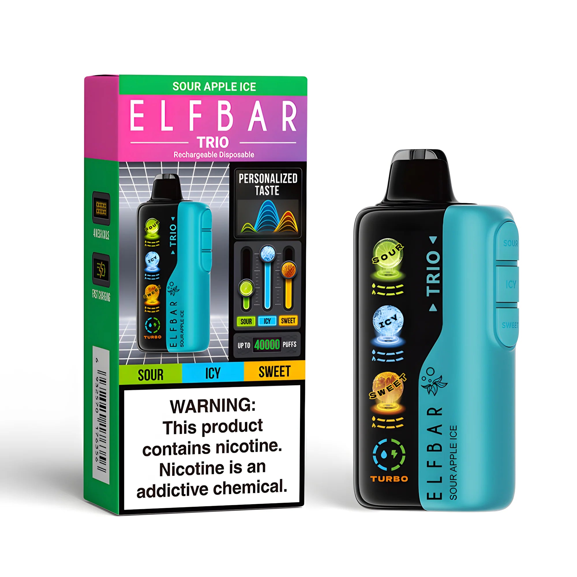 ELF BAR Trio 40000 Sour Apple Ice 5% nikotin – termék dobozzal