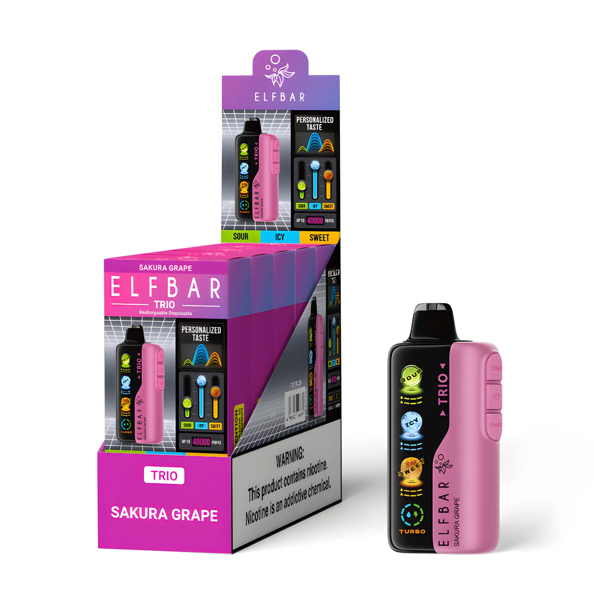 ELF BAR Trio 40000 Sakura Grape 5% nikotin – 10 darabos csomagolású doboz