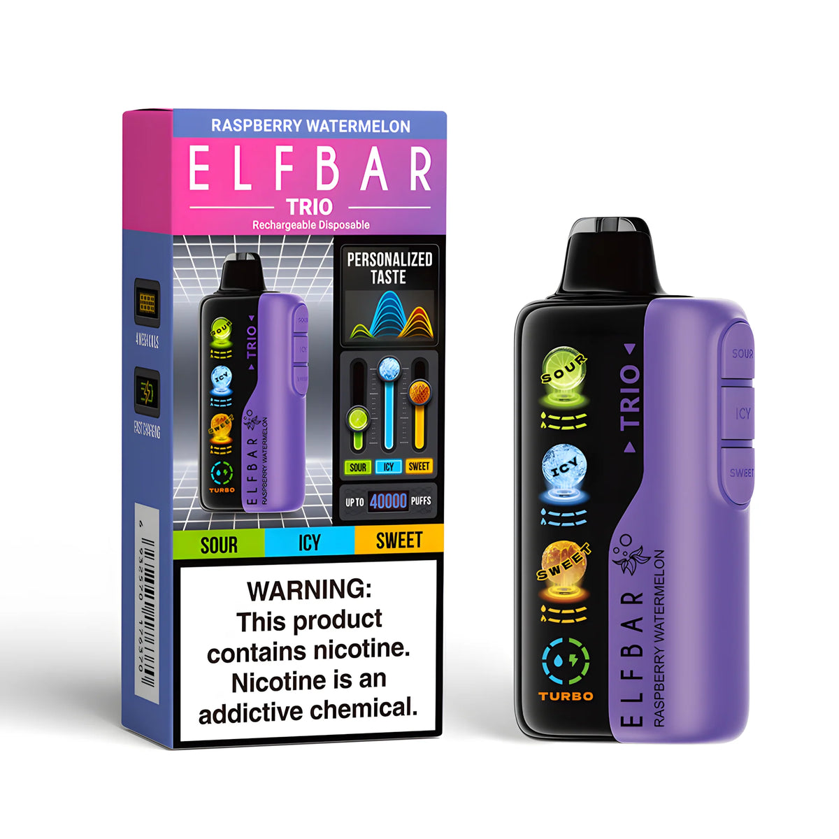 ELF BAR Trio 40000 Raspberry Watermelon 5% nikotin – termék dobozzal