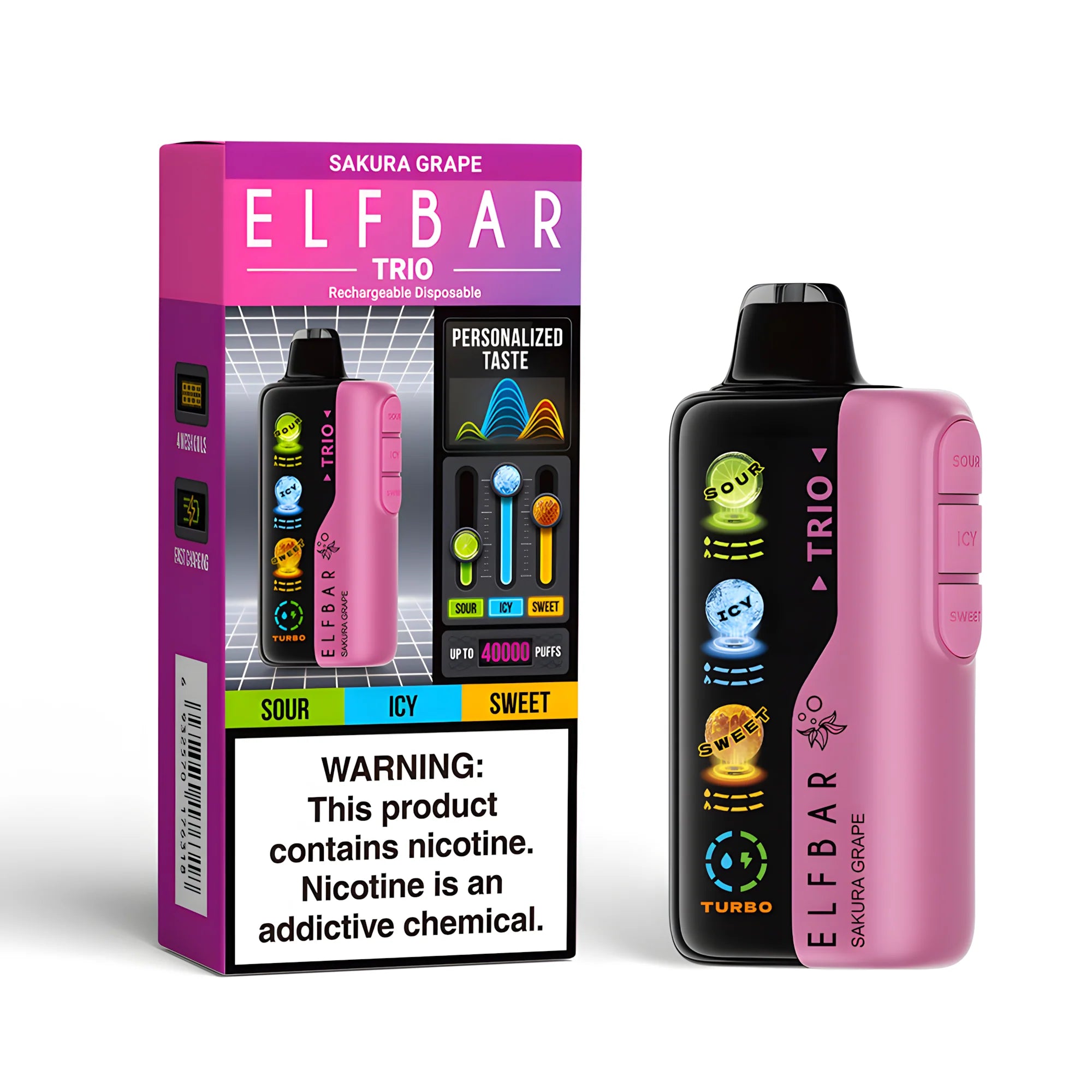 ELF BAR Trio 40000 Sakura Grape 5% nikotin – termék dobozzal