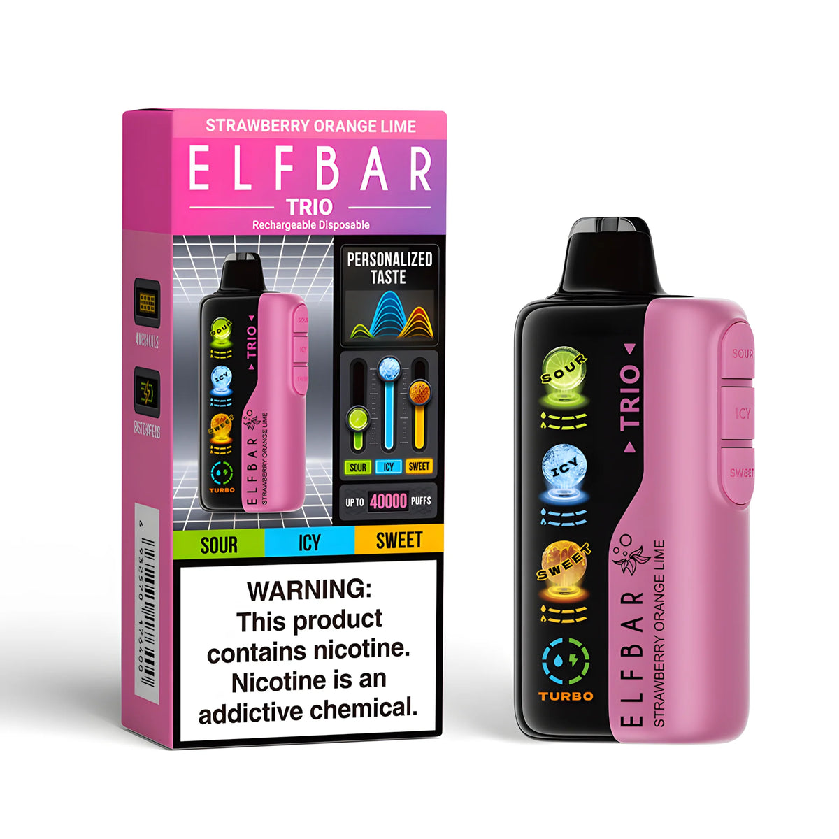 ELF BAR Trio 40000 Strawberry Orange Lime 5% nikotin – termék dobozzal